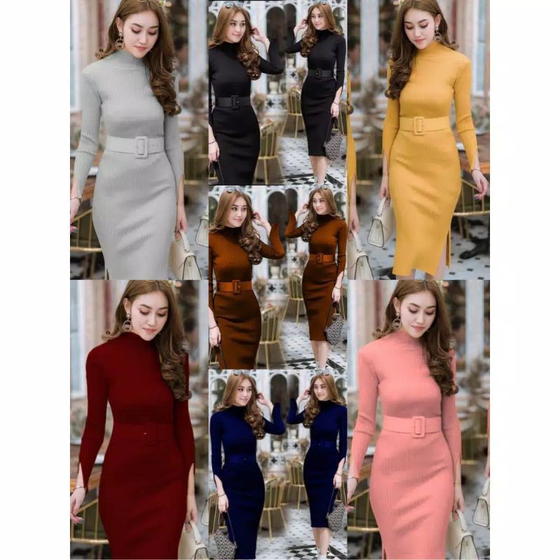 Dress LP Belt Rajut Dress Panjang Long Dress Party Bodycon Lengan Panjang Rajut Polos Import Murah