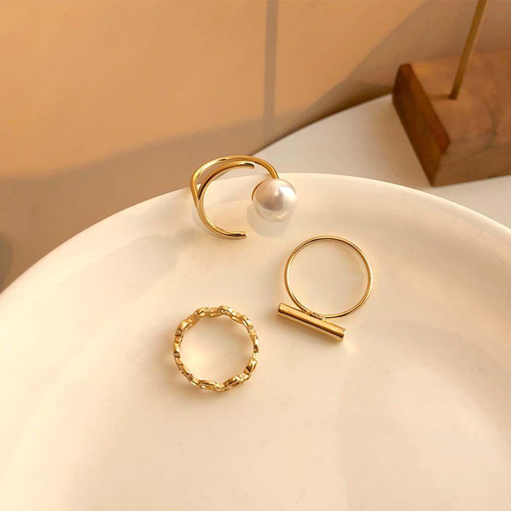 3pcs / set Cincin Jari Bahan Alloy Aksen Mutiara Gaya Korea Untuk Wanita