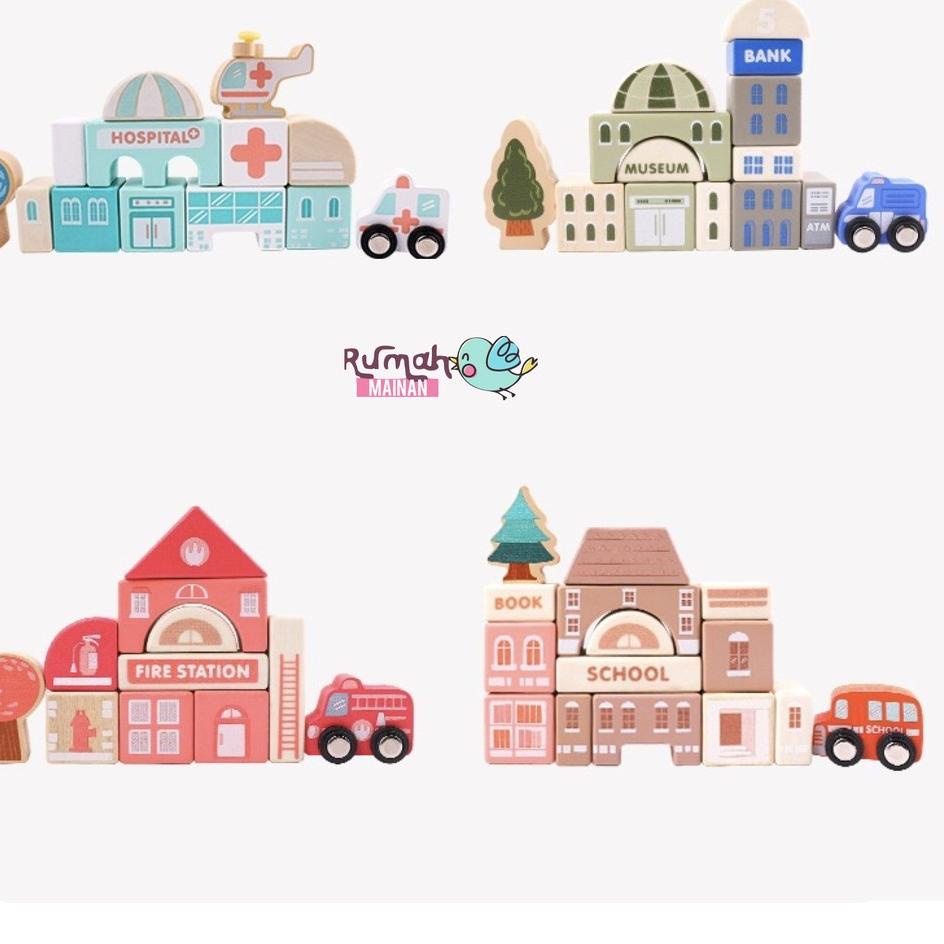 Super Produk [Rumah MAINAN] READY STOCK 115 PCS Mainan Kayu Balok Bangunan Kota City Building Blocks