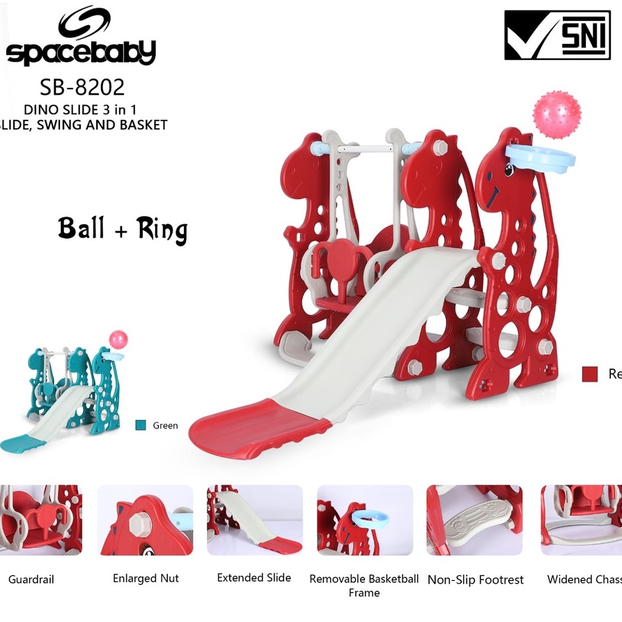 Mainan Anak Perosotan Prosotan Slide Model Dino Ayunan ring keranjang bola basket karet SB8201 & SB8202 By Spacebaby 3 in 1 Slide Swing and Basket-3