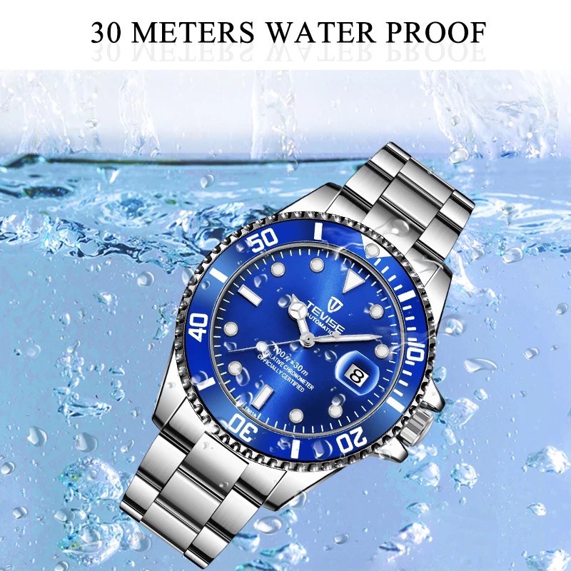 Jam Tangan Pria Mekanik Automatic Tevise Submariner Silver Blue