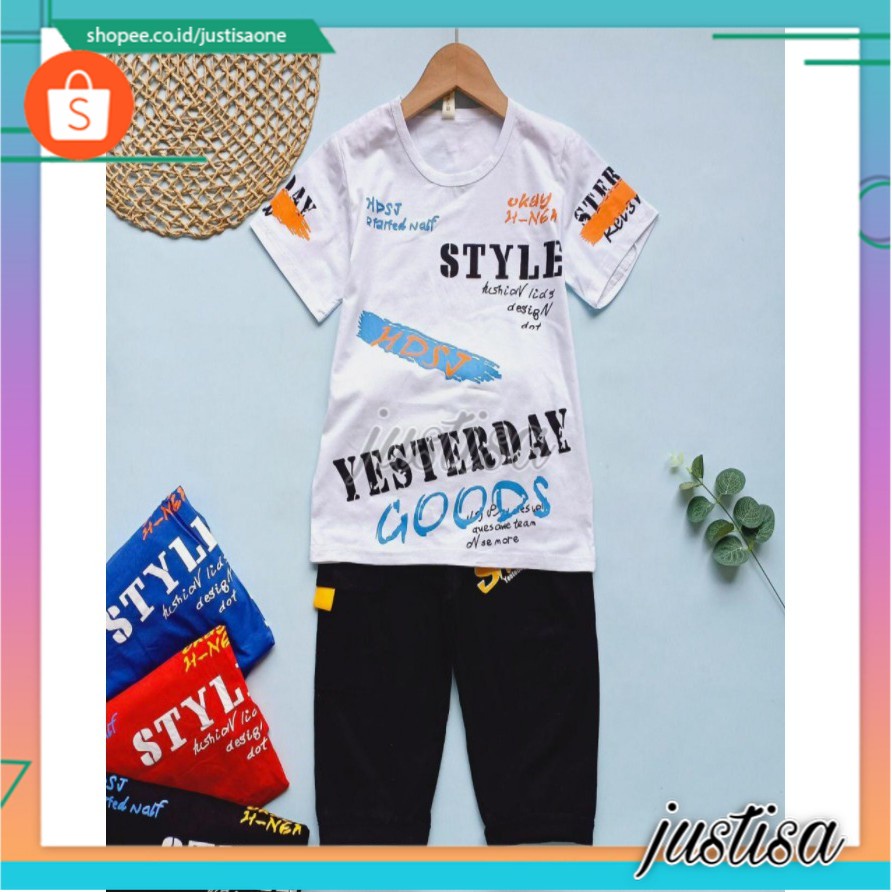 Promo !! Setelan anak laki-laki murah / setelan yesterday goods paint boy sz L dan XL biru