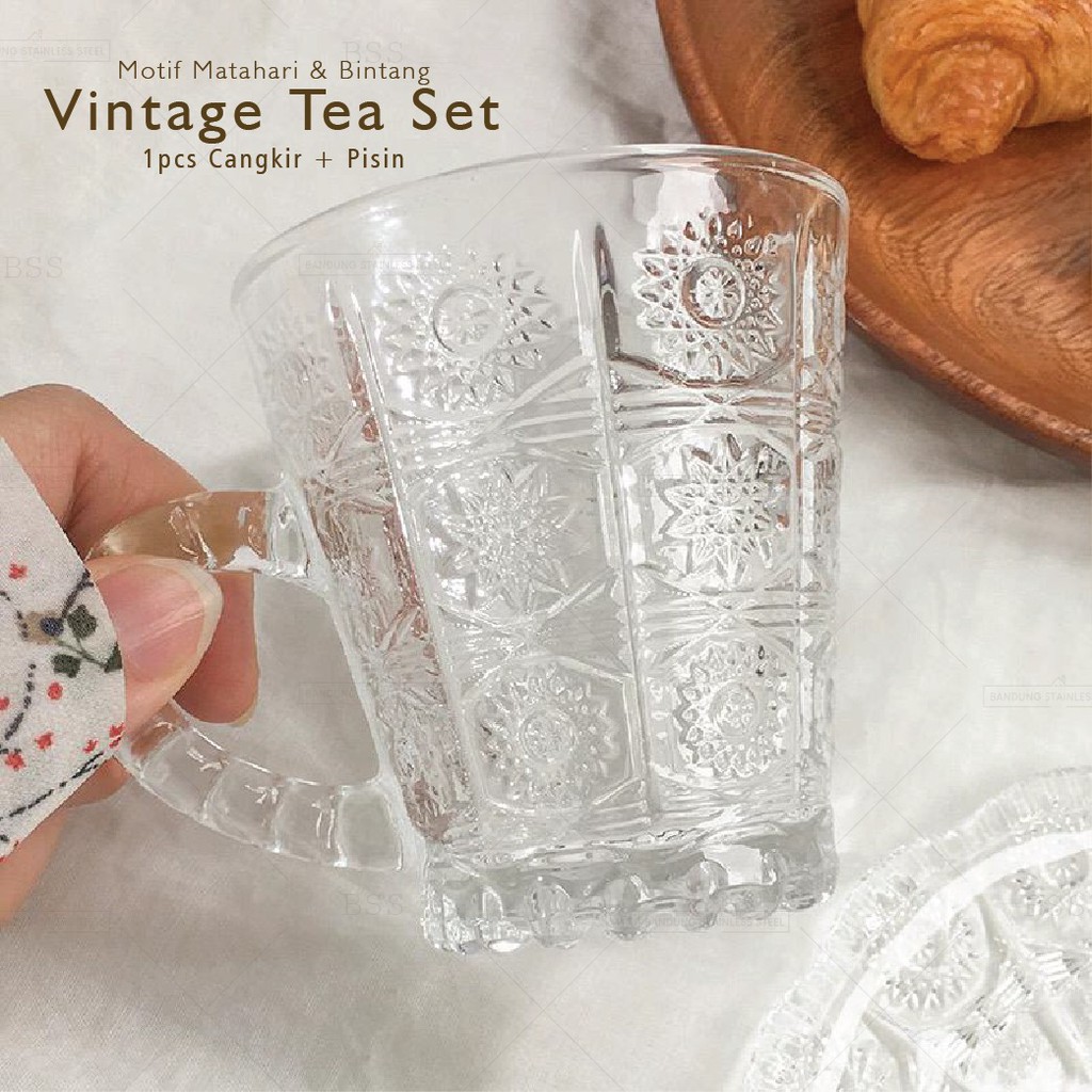 Cangkir Teh Kaca Gelas Vintage Motif Matahari Bintang Timbul Kopi Tea 140ML