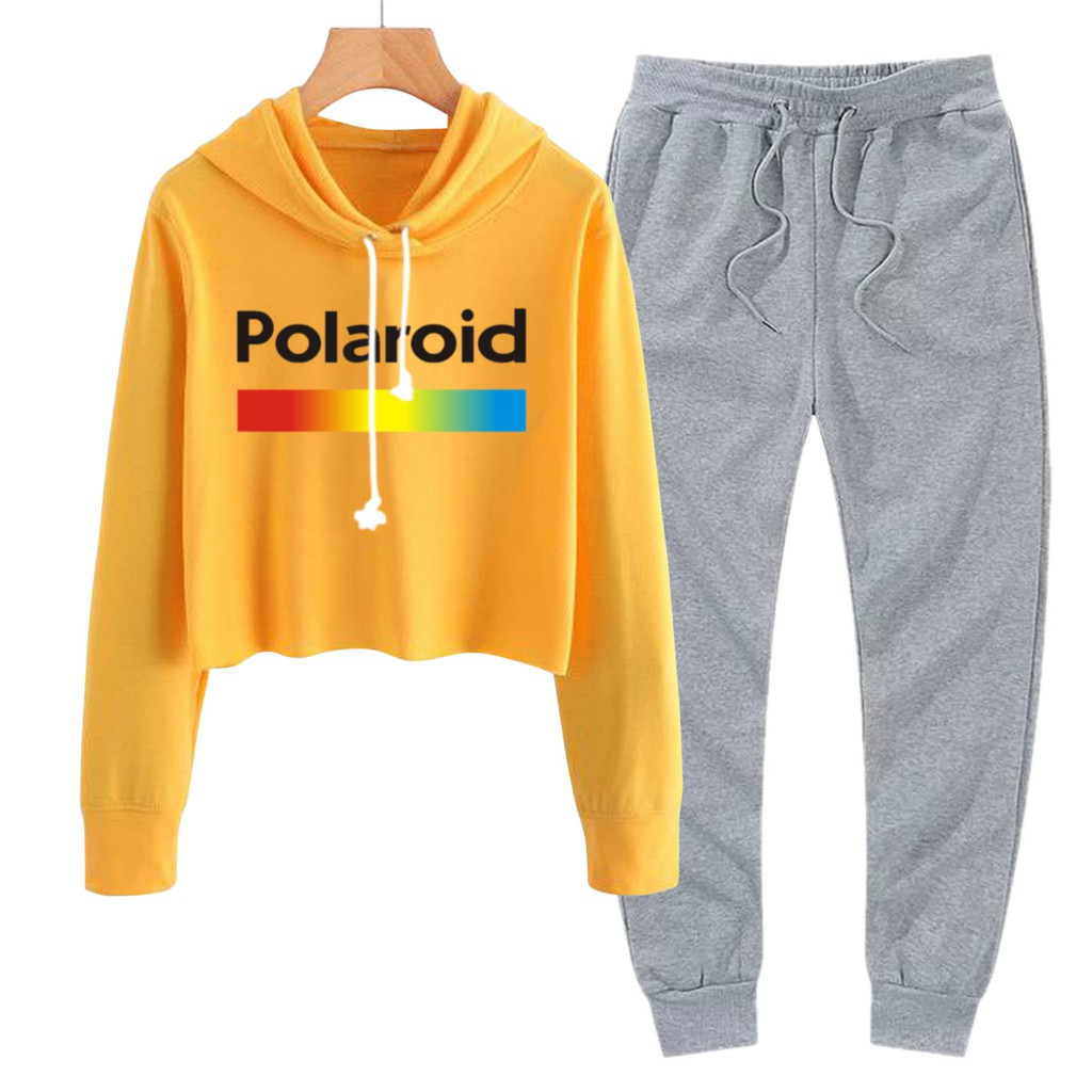 BESS - Baju Setelan Wanita Murah / Setelan Hoodie Crop + Jogger Abu - POLAROID