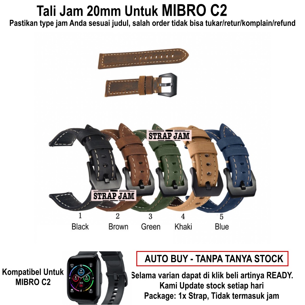 Tali Jam Tangan Mibro C2 - Strap 20mm Kulit Crazy Horse Leather Tebal Dengan Buckle Hitam