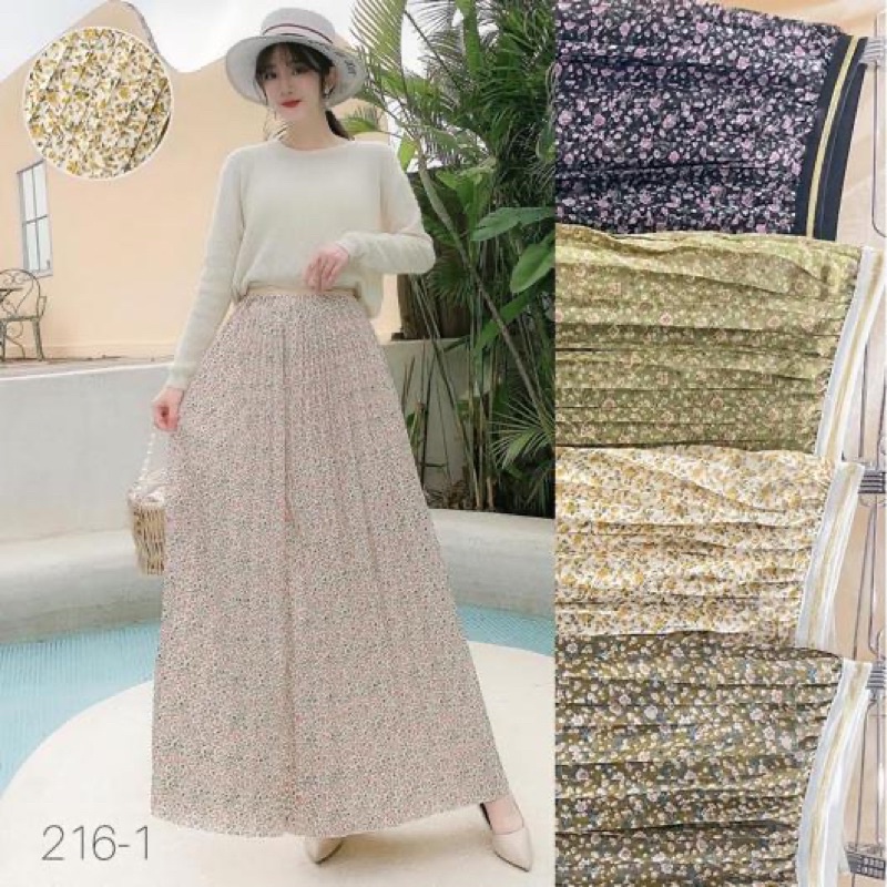 Korean Chiffon Flower Pleated Long Skirt with Gold List Premium ( Rok Sifon Korea Prisket Panjang )