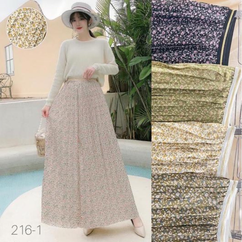 Korean Chiffon Flower Pleated Long Skirt with Gold List Import Premium ( Rok Sifon Korea Prisket Panjang Lis Pinggang Emas )