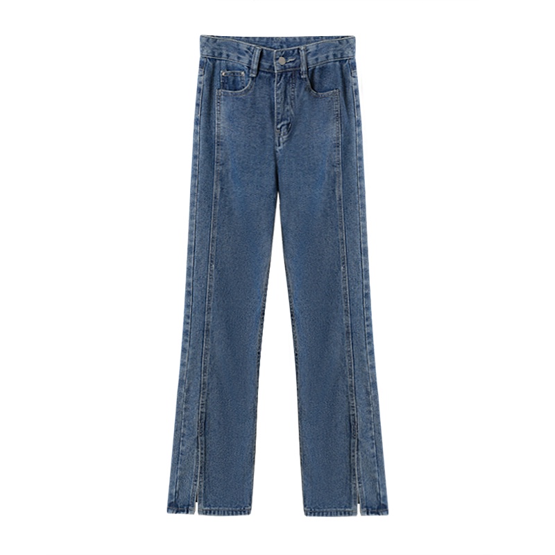 Celana jins celah wanita musim panas tipis desain ceruk pinggang tinggi ramping lurus longgar celana