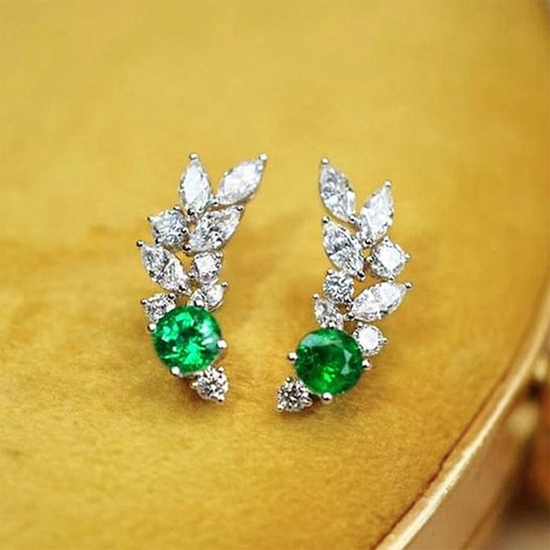 Anting Stud Bentuk Daun Hijau Cubic Zircon Untuk Wanita