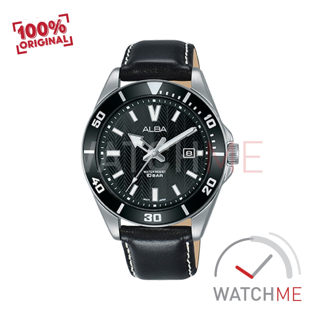 Jam Tangan Pria Alba Analog AG8J43 Black Dial 100m Black Leather Strap Original Garansi Murah