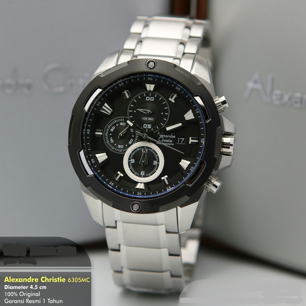 Jam Tangan Pria Alexandre Christie AC 6305 MC BTBBA Chronograph Silver dial Black Stainless Original