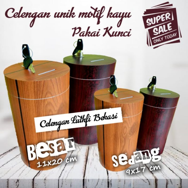 Celengan Besar Motif Serat Kayu (Pakai Kunci) - Celengan unik Anti penyok