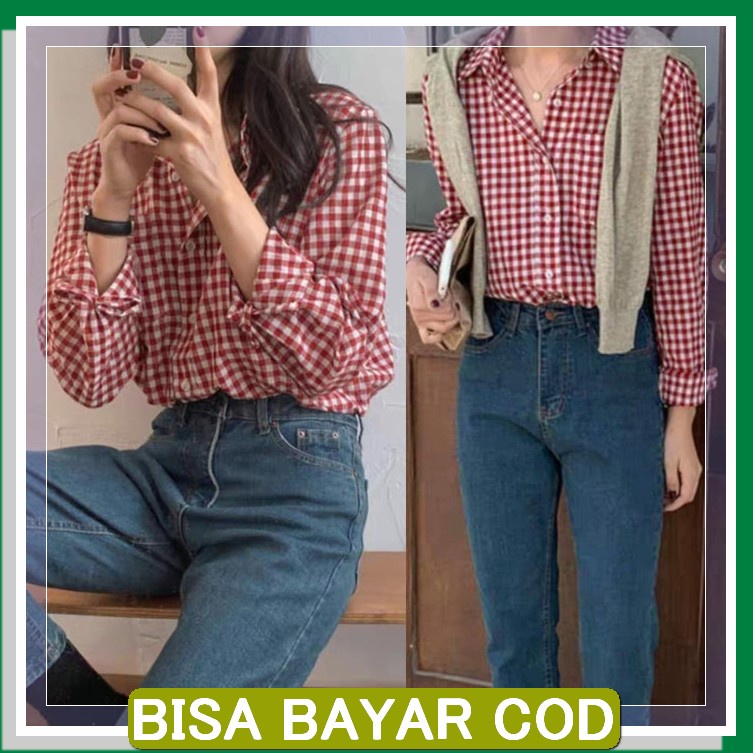 Pastel Transparant Oversized Kemeja Cardigan Outer Wanita Korean  PN893 Kemeja Kotak Alin Merah [B