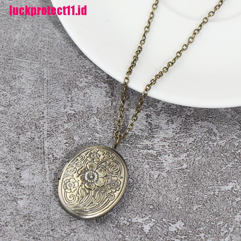 Kalung Rantai Liontin Locket Kuningan Motif Ukiran Bunga Vintage Untuk Wanita