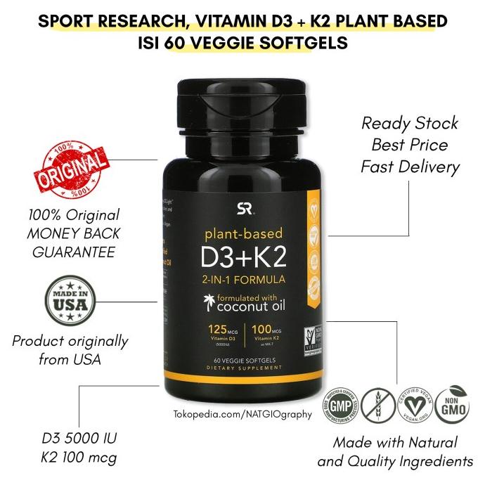 SR Sports Research - Vitamin D3 K2 - Plant Based - 60 Veggie Softgels Lc