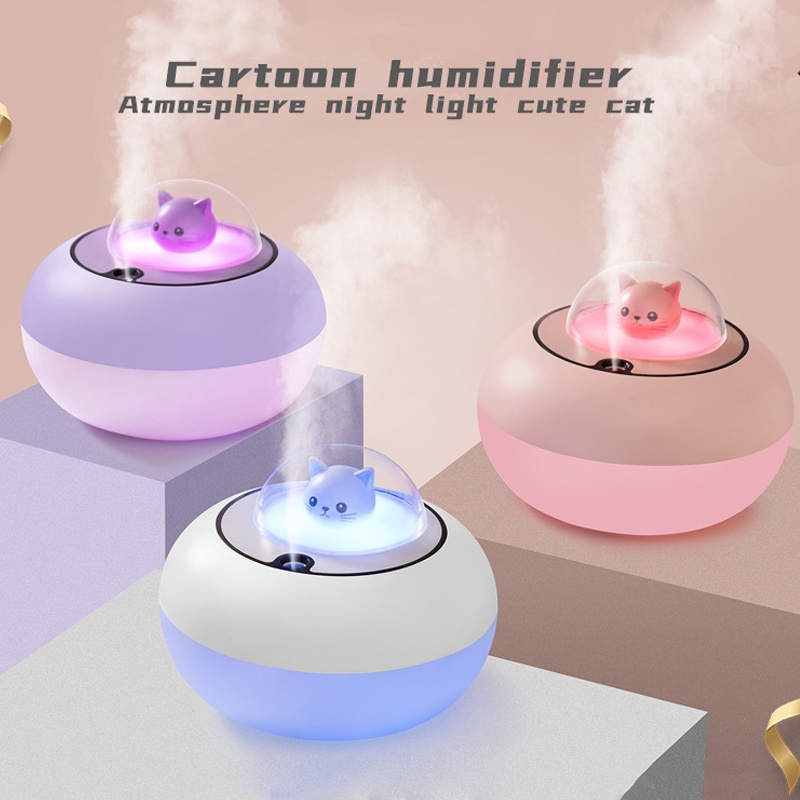 Humidifier Pelembab Udara Usb Bentuk Kartun Kucing Lucu Dengan Lampu Malam