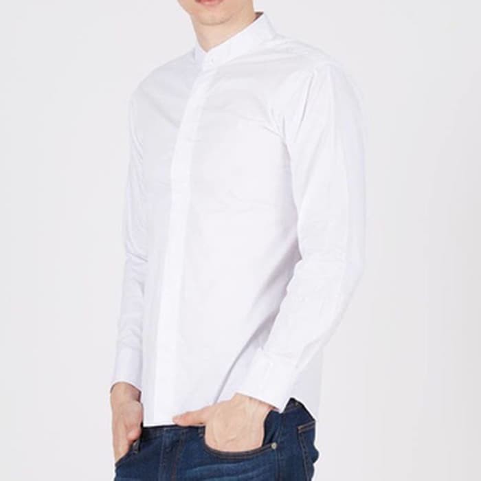 Fashion Muslim - Atasan - Baju Koko Kemeja Kerah Shanghai Muslim Casual Slimfit Putih Panjang - Long