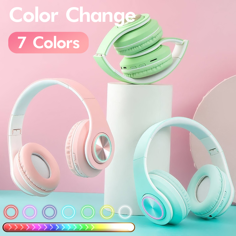 Macaron Headset Bluetooth Wireless HiFi Stereo Dengan Lampu LED Warna Ver 5.0 Mic Dan Slot Kartu Tf