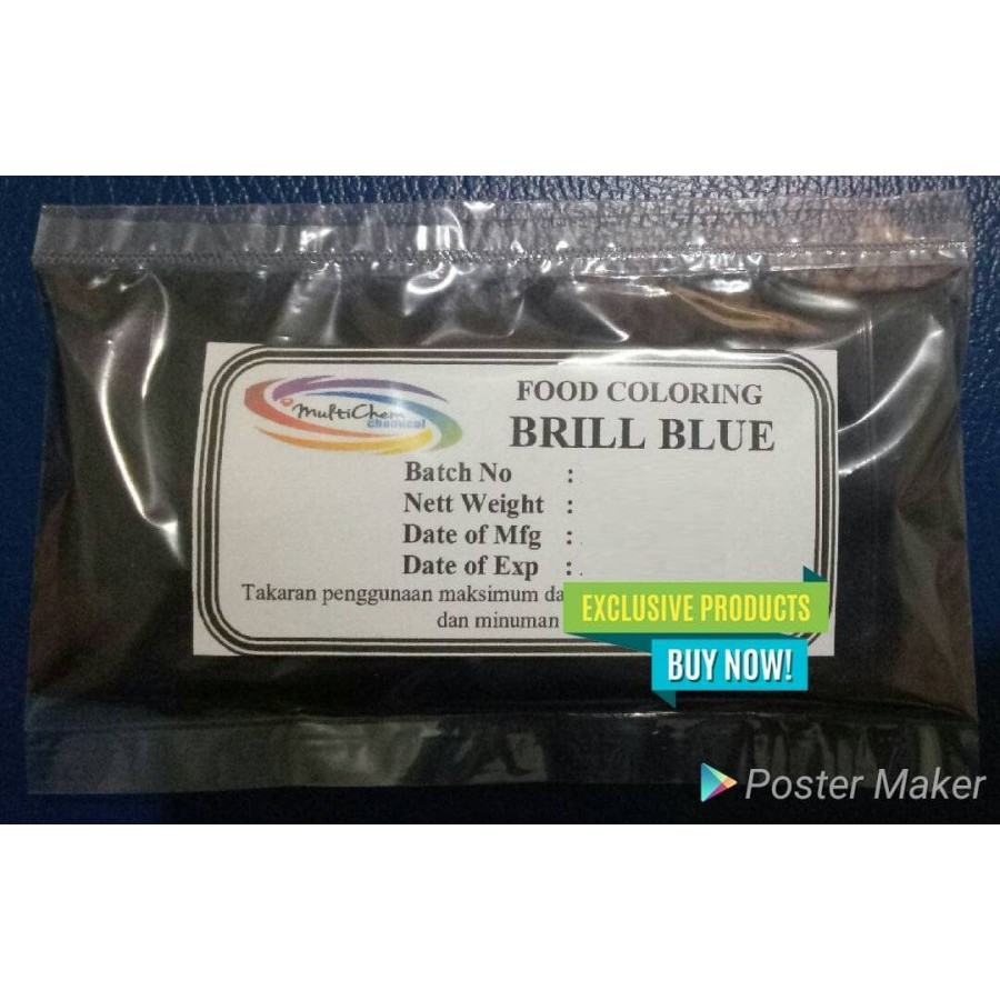 

PEWARNA MAKANAN BRILLIANT BLUE LIGHT / BIRU FOOD GRADE. 100gr hs