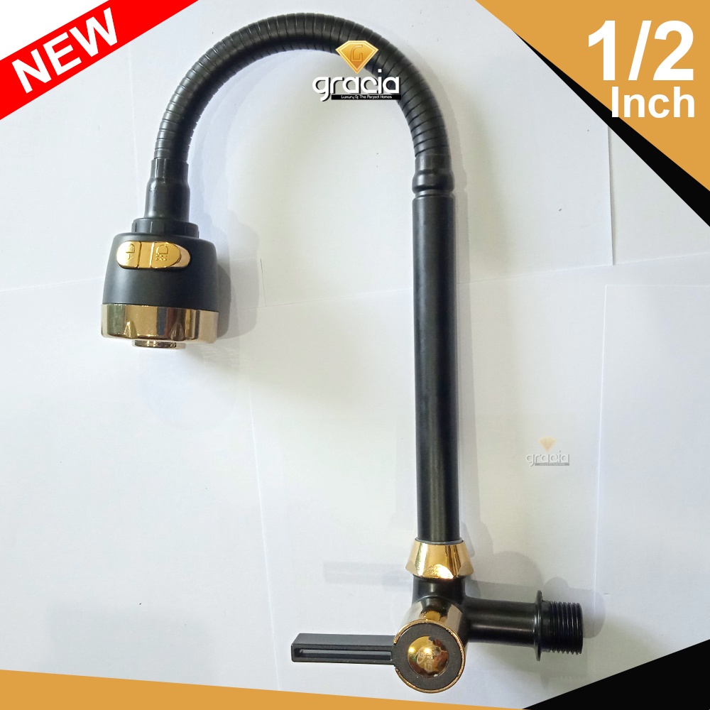 Kran Angsa Flexible Cuci Piring 2in1 Hitam Emas A26-Keran air Sink Tembok Dapur Kitchen Faucet BLack Gold Ori Gravino