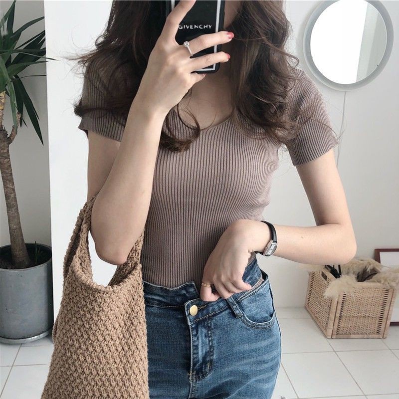 [✅COD]Atasan Vneck rajut WANITA || BAJU LENGAN PENDEK