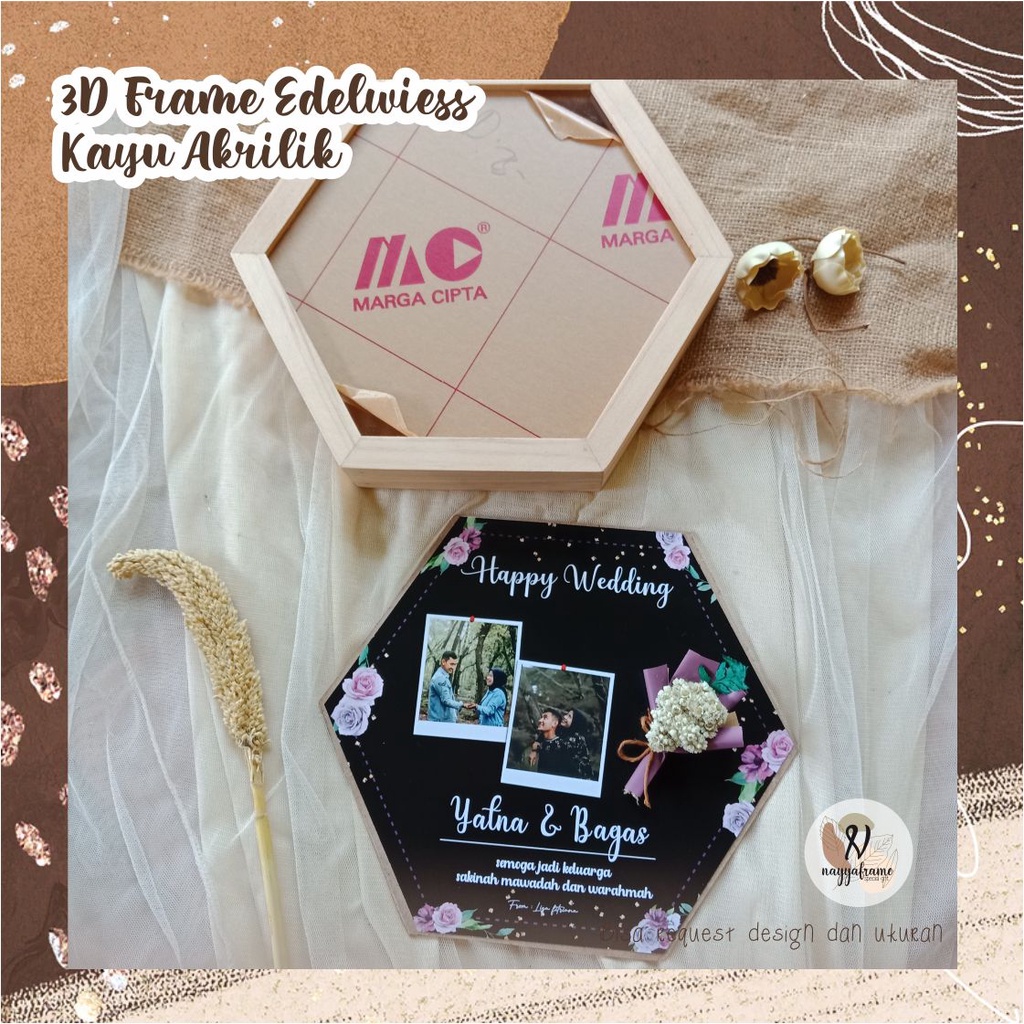 3D Hexa 25CM Kayu Akrilik / KADO FRAME 3D/ edelwiess in frame / pigura 3d kayu/KADO wedding wisuda b