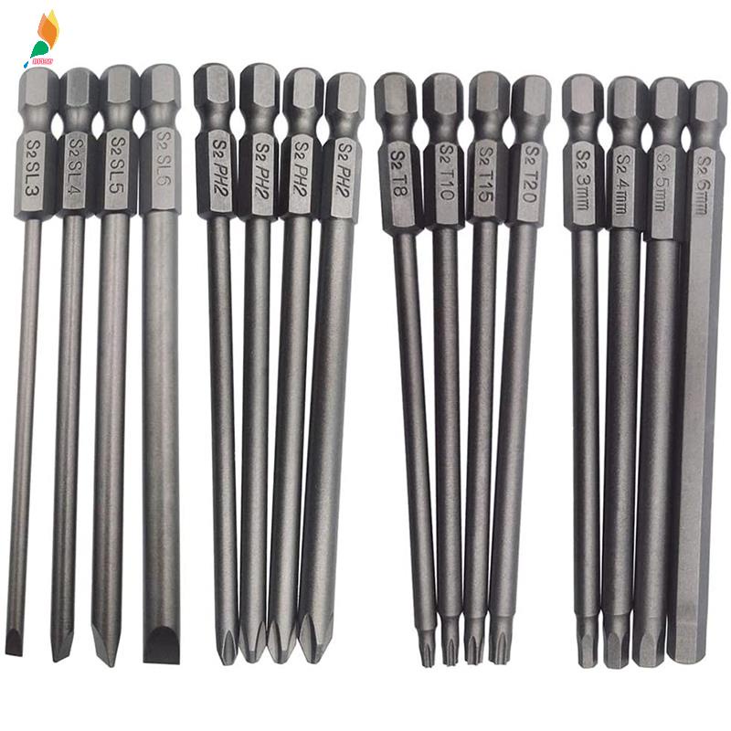 16pcs Set Mata Bor Obeng Panjang Magnetik Slotted + Cross + Hex + Torx Drill Bit 1 / 4 Inci Hex Shank 100mm