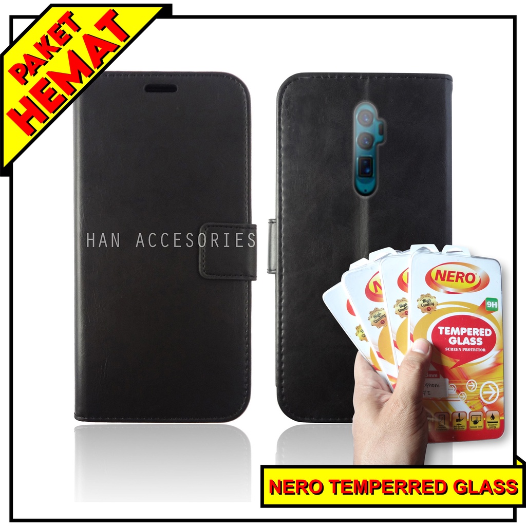 (PAKET HEMAT) Fashion Selular Flip Leather Case OPPO RENO 5F/RENO 4/RENO 4 PRO/RENO 3 PRO/RENO 2/RENO 2F Flip Cover Wallet Case Flip Case + Nero Temperred Glass