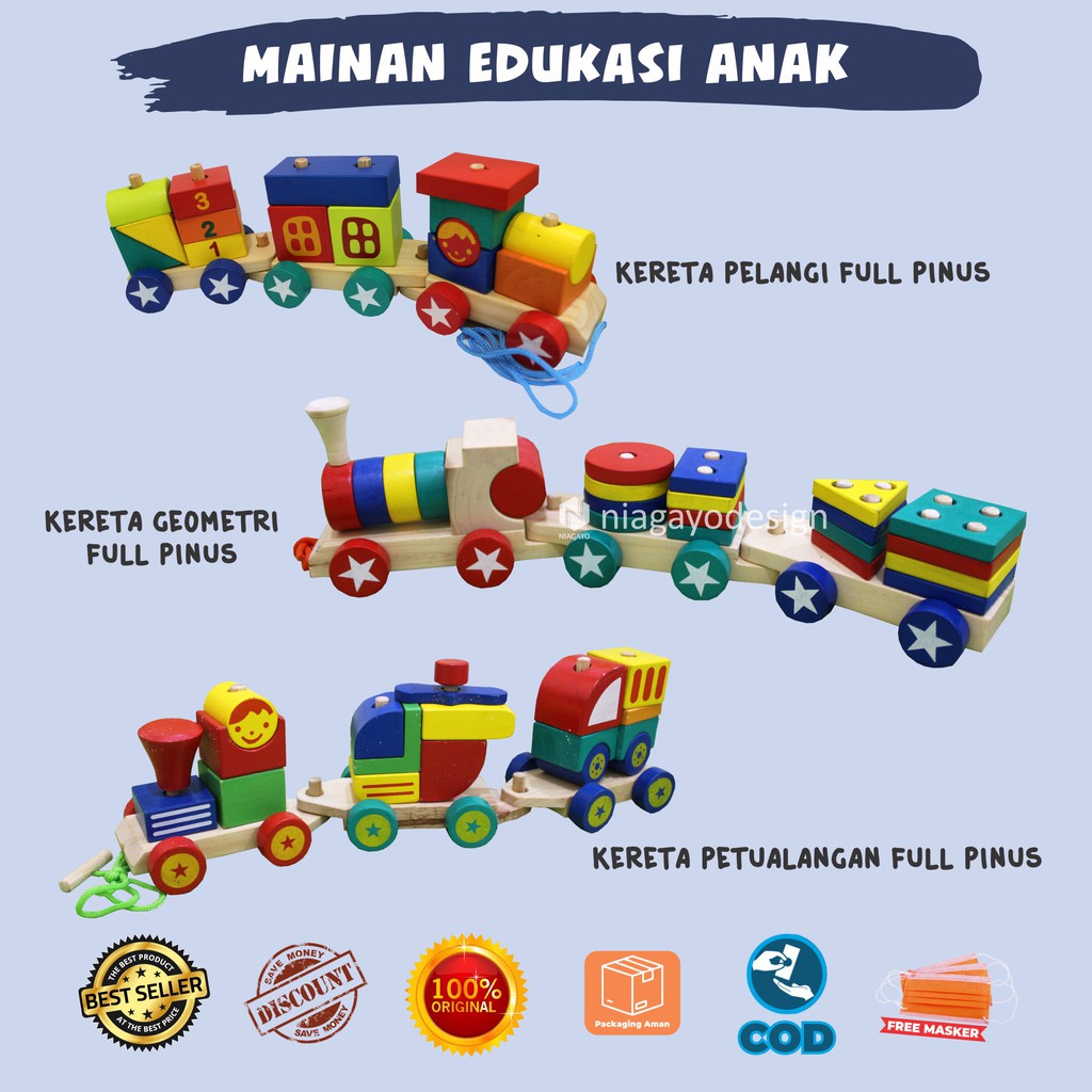 Mainan Edukasi Anak Balok Kayu : Balok Kayu Bentuk Kereta Geometri Full Pinus