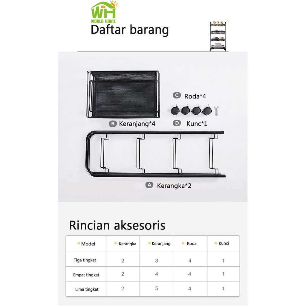 Rak Lantai Beroda 5 Susun Rak Dapur 5 Tingkat Serbaguna SNC-3 Worldhome66