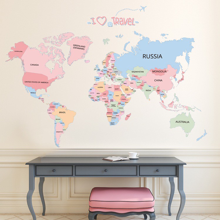 RELIZA Wall sticker peta dunia i love travel map in the world ABC1055 Stiker Dinding