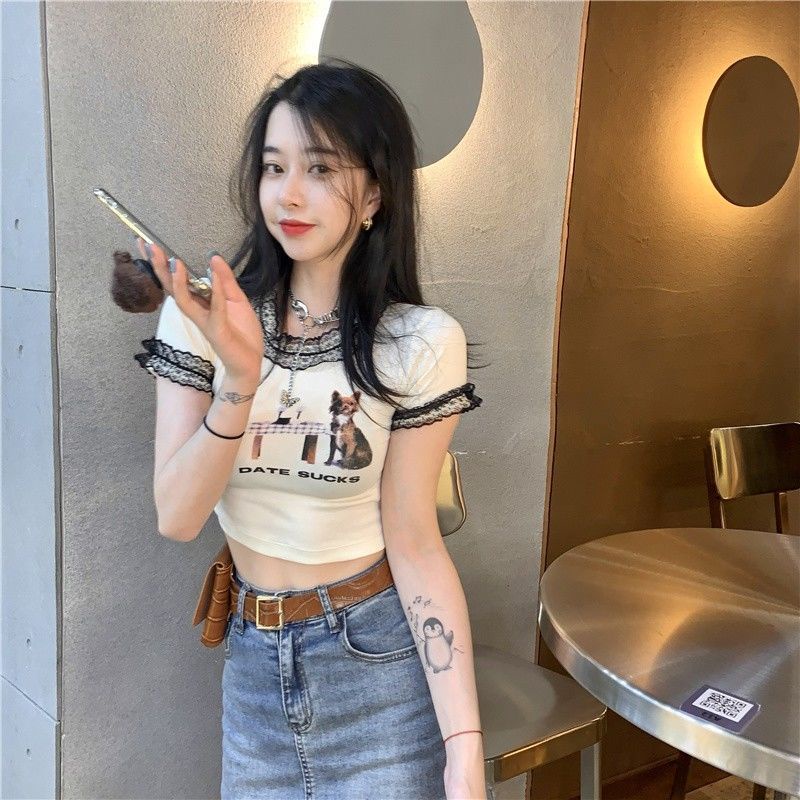 atasan renda import skinny lace atasan cropped navel print atasan lengan pendek wanita Hyuna Port