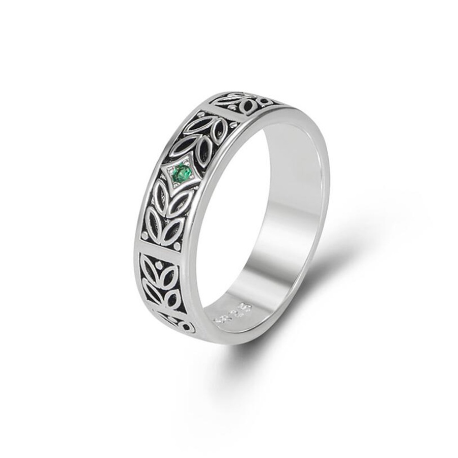 Perak Antik Zamrud Cincin Berlian Baja Titanium Pola Daun Fashion Pria Punk Band Rings