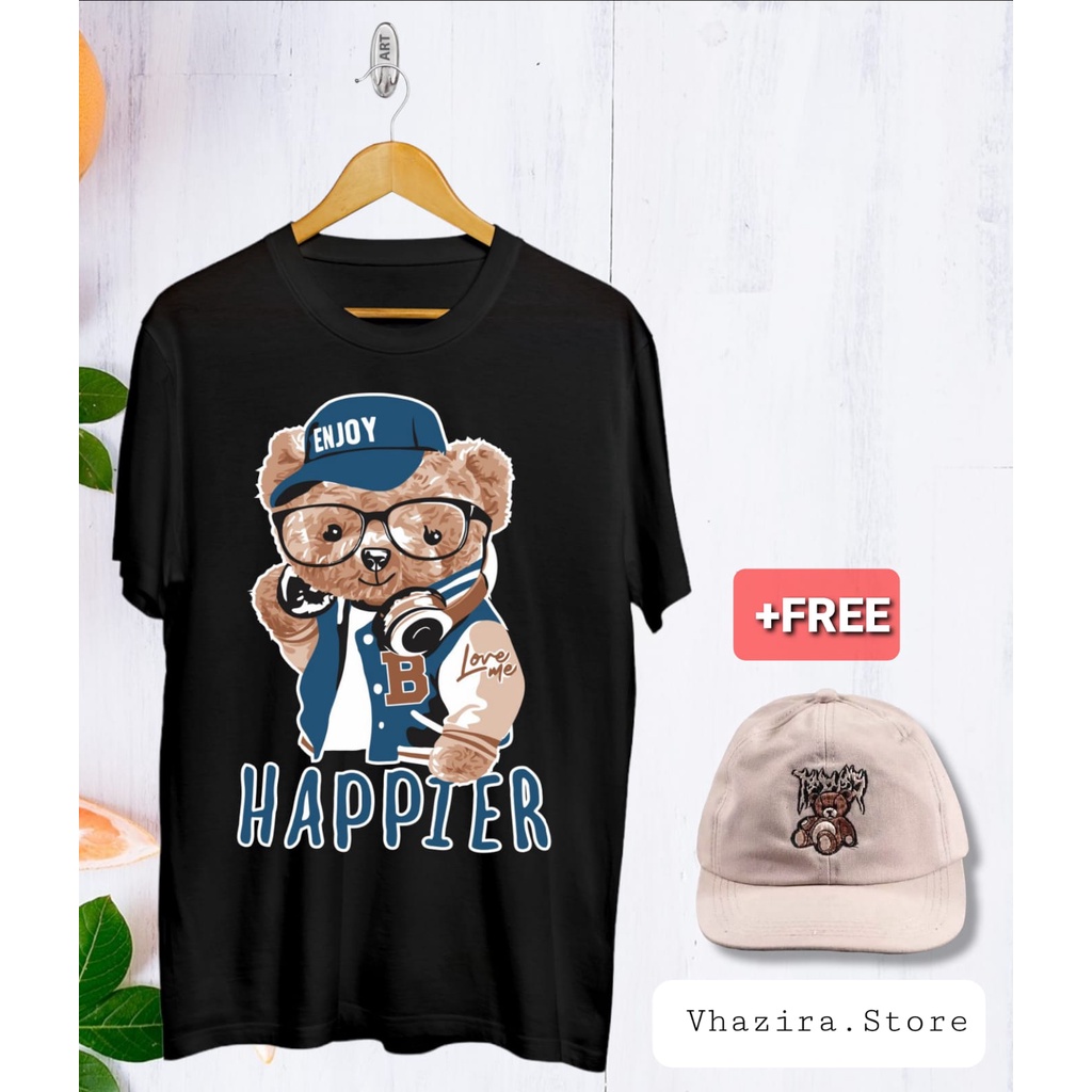 BAJU KAOS KOREAN STYLE TEDY BEAR GRATIS TOPI PRIA DAN WANITA HAPPIER