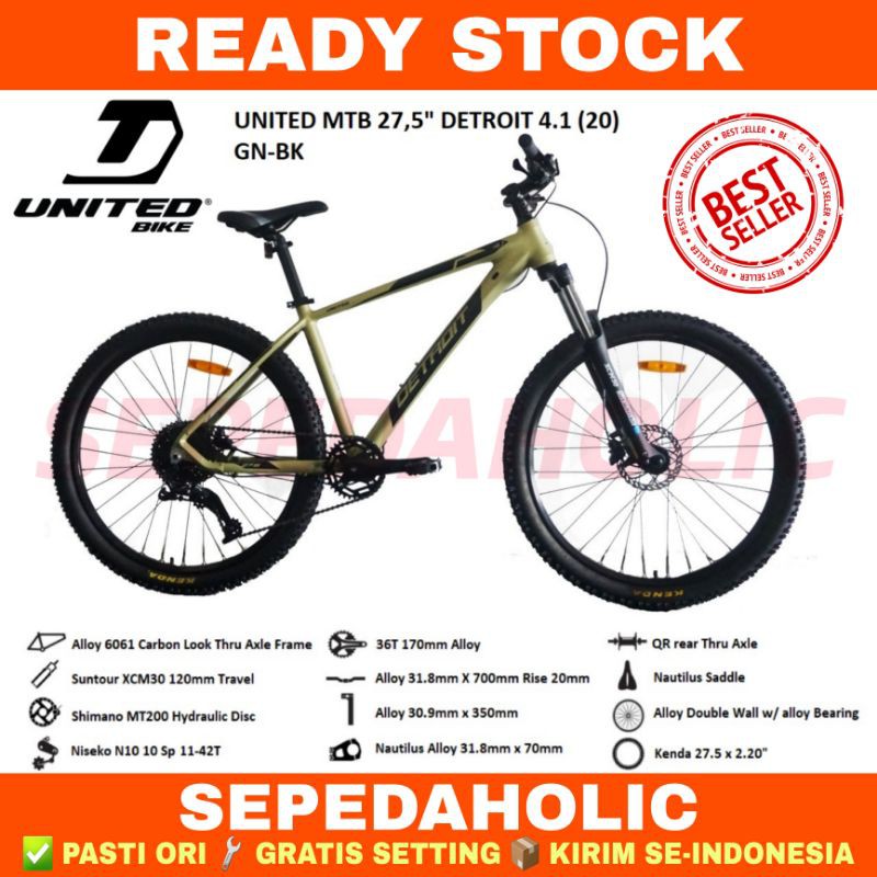 Sepeda Gunung 27.5" UNITED DETROIT 4.1 Alloy 10 Speed Rem Hidrolik Garansi Resmi 5 Tahun