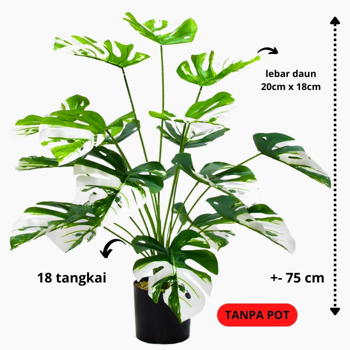 Pohon Monstera Jumbo Artificial Daun Monstera Plastik Pot Monstera Jumbo Corak Putih Dekorasi