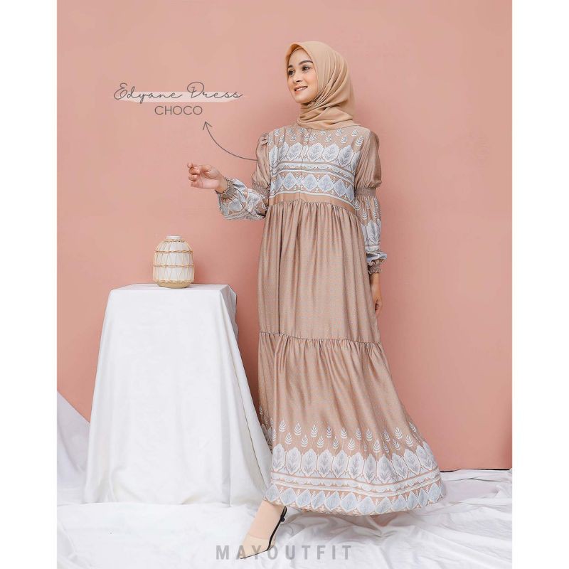 READY EDYANE DRESS/PATERN SATIN DRESS CHOCO BY MAYOUTFIT
