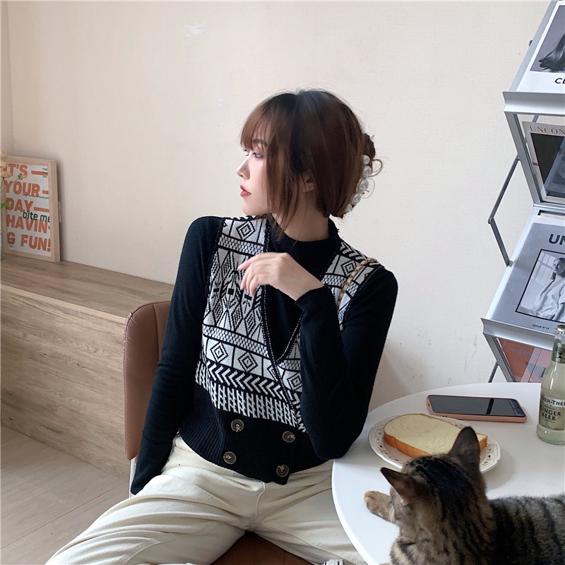 Rompi Rajut wanita Crop Top Jaket Tanpa Lengan Sweater