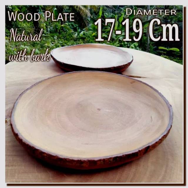 Wood Plate 17-19 Cm with bark piring kayu alami unik kulit tepi nampan