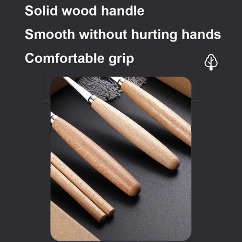 Cutlery Set Wooden Perlengkapan Makan Sendok Garpu Pisau Gagang Kayu