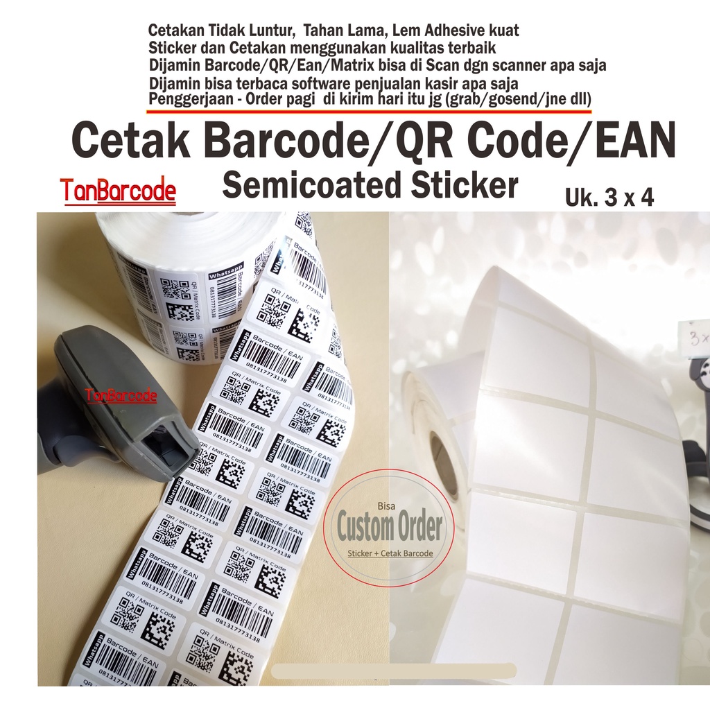 

Tanbarcode Print/cetak sticker Barcode QR 3x4 semicoated 1000pc