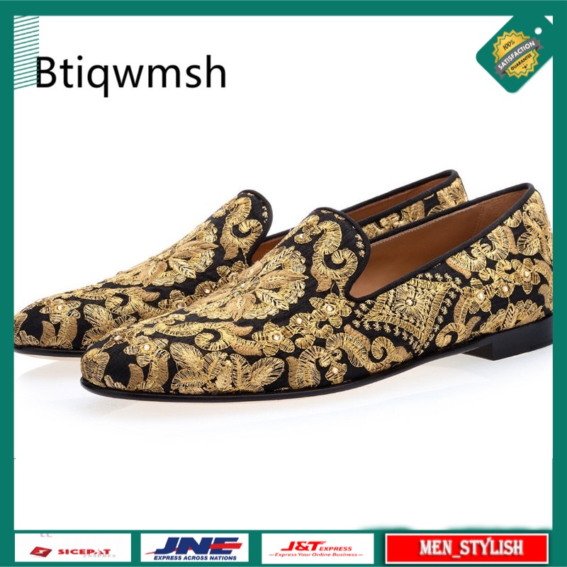 Sepatu Loafers Pria Casual Gold Handmade Embroidered Shoes Man Round Toe Flower Flats Loafer Shoes M