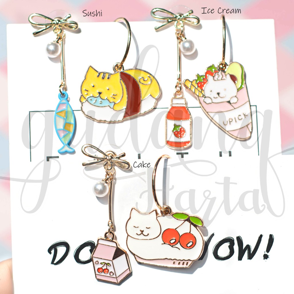 Anting Kucing Makanan Cake Sushi Ice Cream Cat Anting Cantik Murah Earrings GH 203399