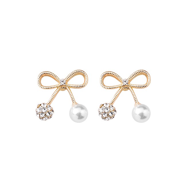 LRC Anting Tusuk Fashion Gold Openwork Bow With Diamond Pearl Earrings F48239