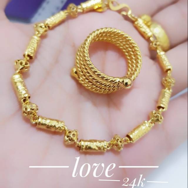 Gelang tangan bambu plus cincin ulir dilapisi emas 24 k