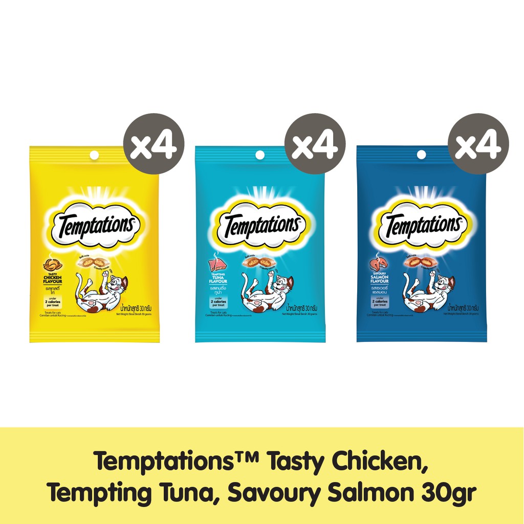 TEMPTATIONS™ Snack Kucing Rasa Chicken, Tuna, & Salmon 30g - Isi 12