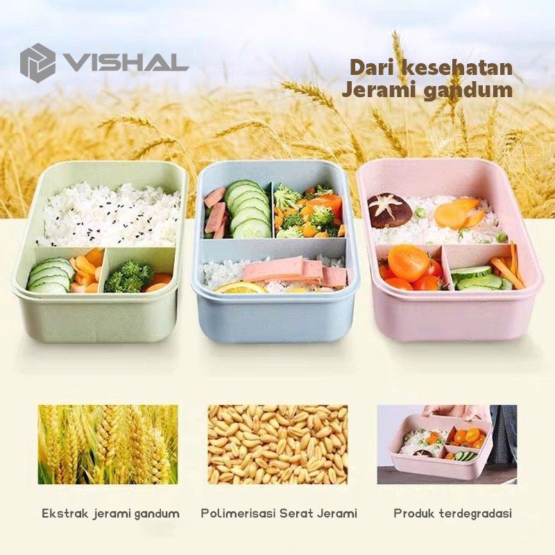 VISHAL Lunch Box Kotak Bekal Makan Jerami Gandum kotak makan ​1000ml 4 In 1 Free Sendok Tempat Makan