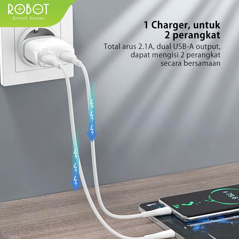 Charger 2 Port USB + Kabel Data  Micro USB 100cm Robot RT-K9 2,1A - White