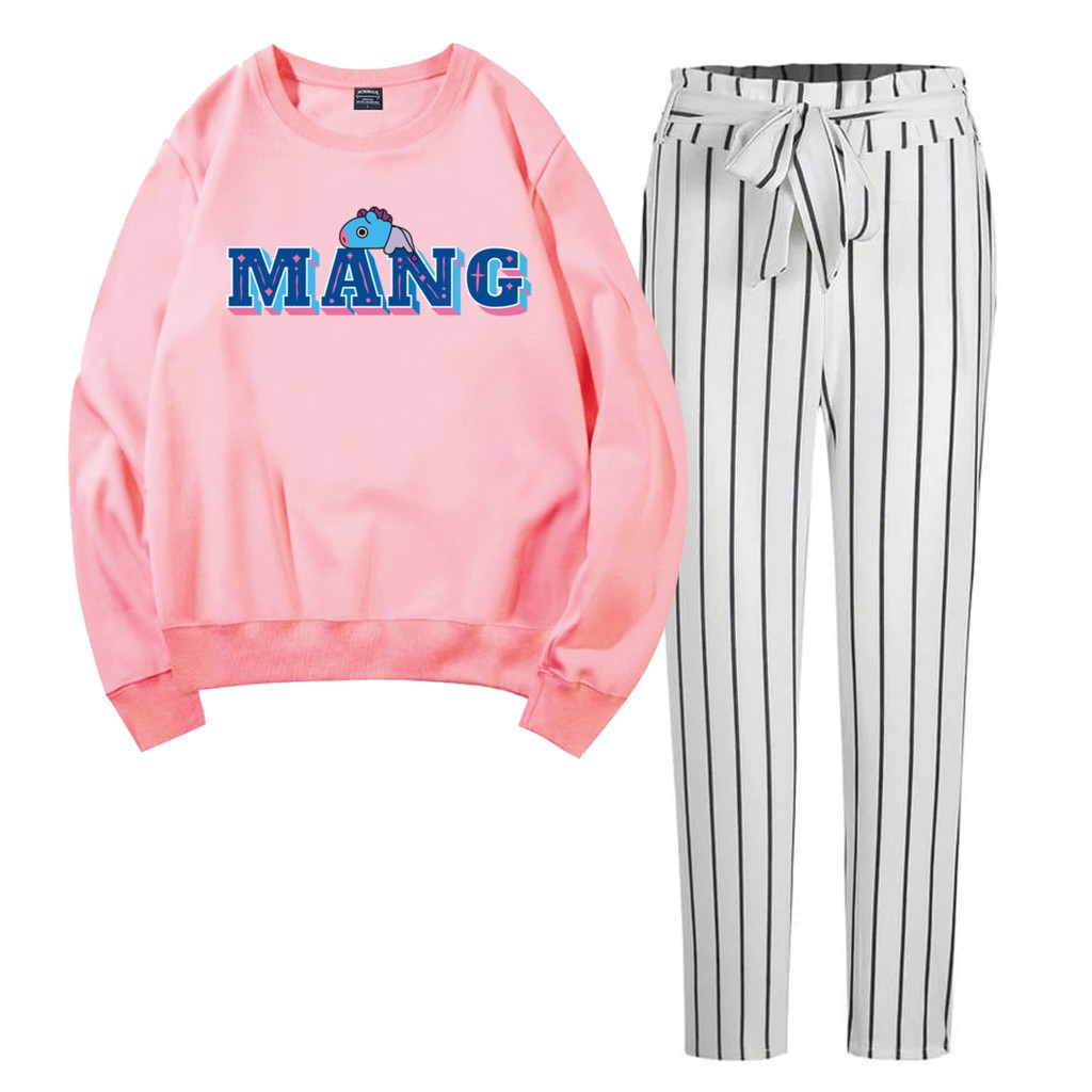 BESS - Baju Setelan Wanita Murah / Setelan Sweater + Celana Salur Putih - M4NG FONT