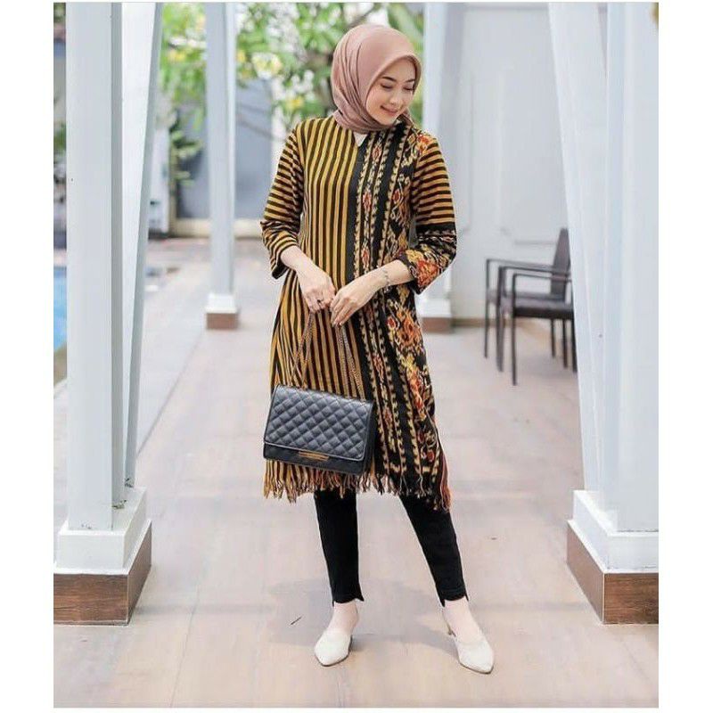 tunik tenun etnik mix lurik baju wanita syar'i kuning
